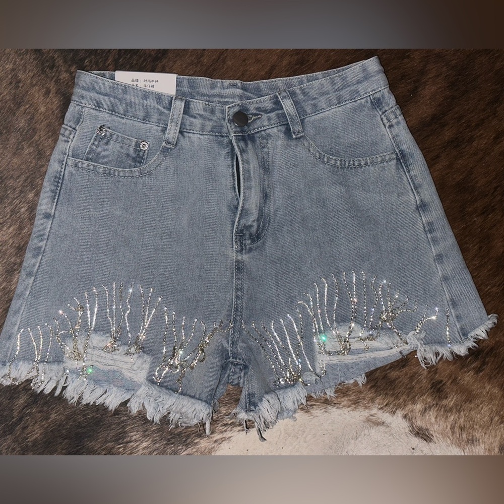 Light Denim Shorts with Rhinestones- Women Size Medium- (These run small)